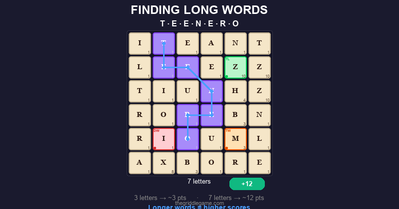 A long word path snaking through a Griddle board