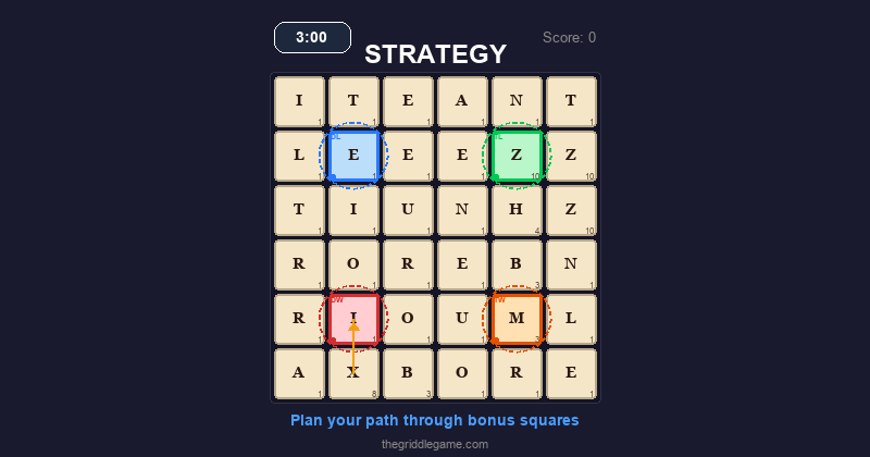 Strategic view of a Griddle board with optimal word paths and timer