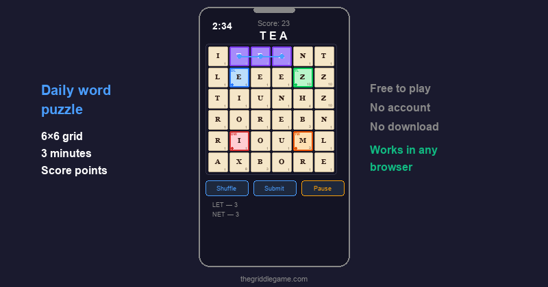 Overview of the Griddle word puzzle game board and interface